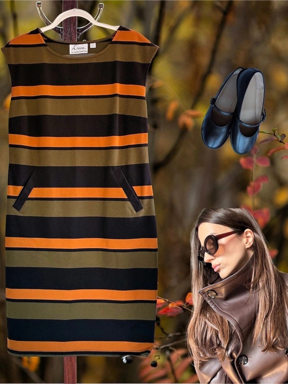Fall knit Women’s Striped Midi Dress in Olive Green/Black/Orange Size S (6-8)